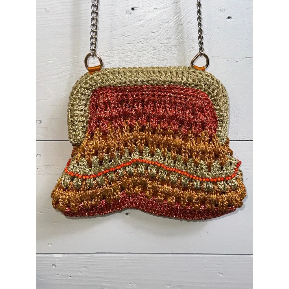 Free People Metallic Crochet Beaded Crossbody Bag Gold Orange Boho Mini Bag